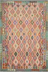 Flat Weave Kilim Antique Navaho Vintage handmade Geometric Kilim Beige Green Hand-Woven Rectangle 100% Wool Area Rug 8x11
